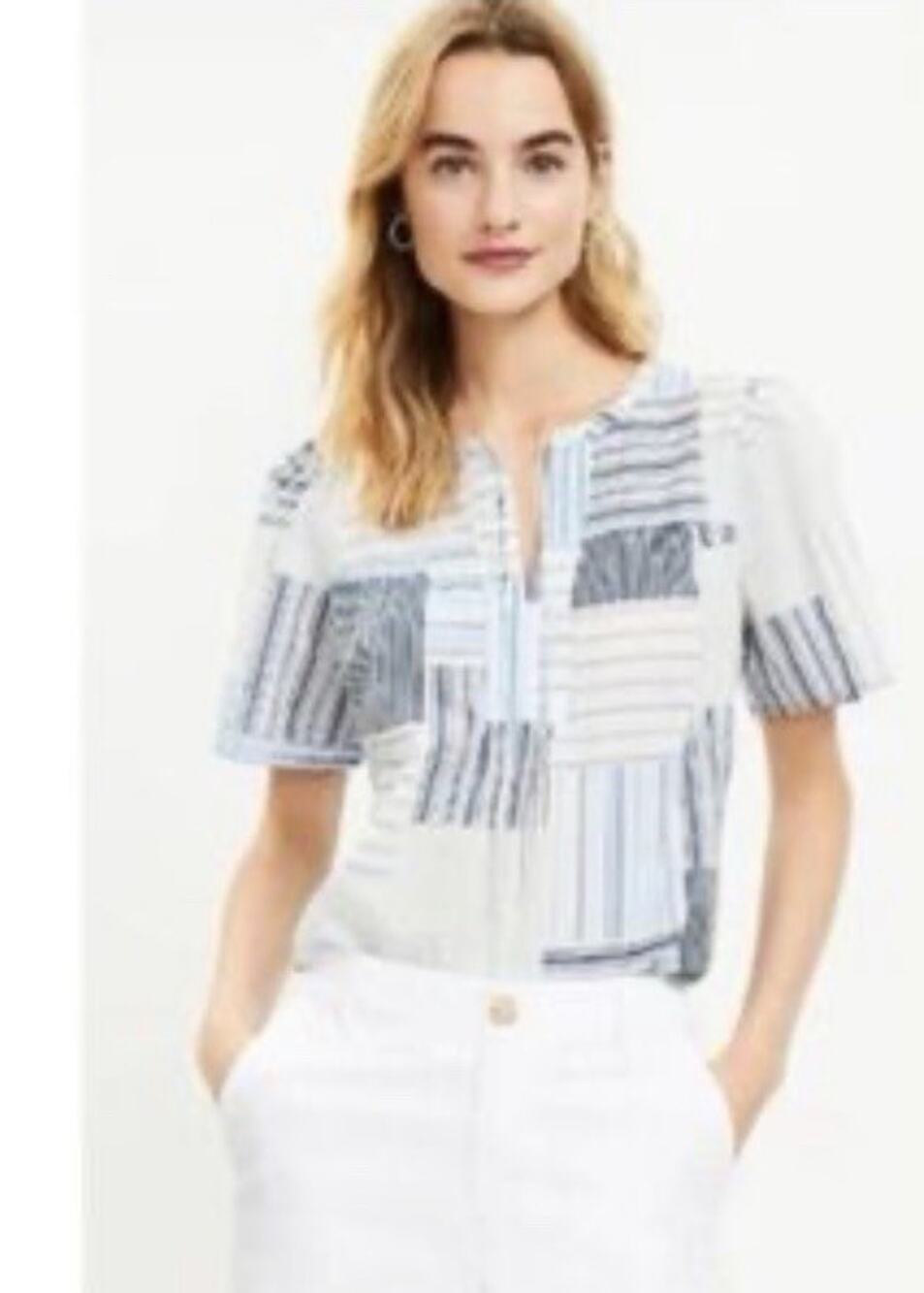 LOFT Women’s Blue White Patchwork Split Neck Tie Blouse Medium Career